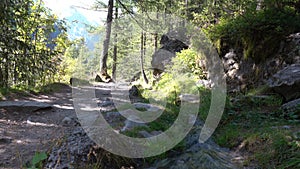 Hiking along the watercourse of Bisse of Trient in the Swiss alps in the region of Martigny in Valais, Switzerland