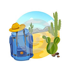 Hiking, backpack, icon with landscape