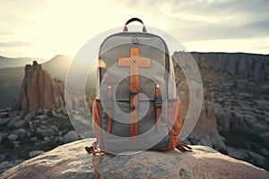 Hiking backpack on the top of a mountain. Travel and adventure concept. Missionary work