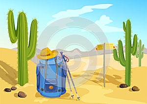 Hiking with a backpack. travel through the desert with cactuses