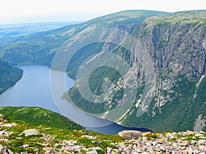 Hiking in beautiful Gros Morne National Park atop Gros Morne Mountain in Newfoundland and Labrador, Canada