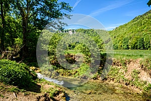 Hiking in beautiful landscape of Bad Urach, Swabian Alb, Baden-Wuerttemberg, Germany, Europe