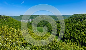 Hiking in beautiful landscape of Bad Urach, Swabian Alb, Baden-Wuerttemberg, Germany, Europe