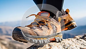 Hiking boot conquers mountain peak, symbolizing freedom and endurance generated by AI