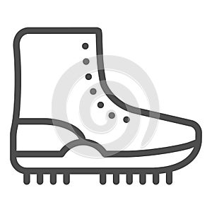 Hiking boot with crampons line icon. Footwear vector illustration isolated on white. Shoe outline style design, designed