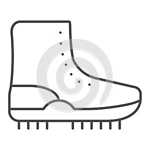 Hiking boot with crampons thin line icon. Footwear vector illustration isolated on white. Shoe outline style design