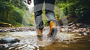 Hiking boot Crossing the stream. Legs on mountain trail during trekking in forest. Leather ankle shoes