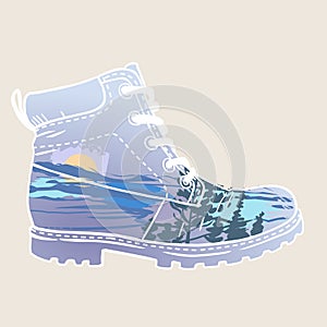 Hiking boot with landscape. Vector hand drawn illustration