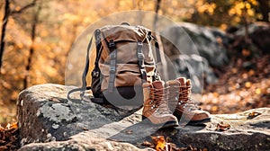 Hiking boots and backpack on a rock