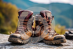 Hiking boots close-up against the backdrop of nature. The concept of hiking and outings. Generative AI