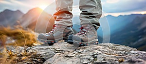 hiking boots close-up. tourist hiker walking on the trail in the sunset