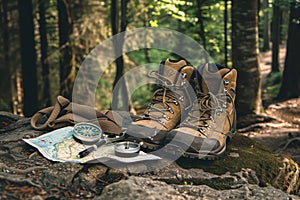 Hiking boots and compass on forest rock