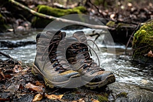 hiking boots hanging over a muddy stream crossing