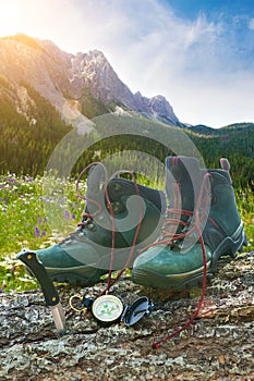 Hiking boots with knife on tree trunk