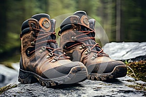 Hiking boots on a rock in the forest. Shallow depth of field, AI Generated