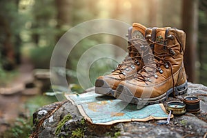 Hiking boots on rock with map and compass