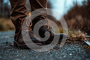 Hiking Boots Standing on Gravel Path in Mountains Wilderness Nature