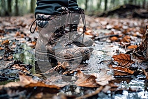 hiking boots stuck in thick mud, leaves around