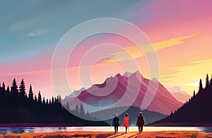 Hiking and Camping Adventure for Travel Painting. For Children Books Illustration Generative AI