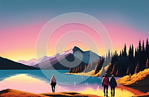 Hiking and Camping Adventure for Travel Painting. For Children\'s Books Illustration Generative AI