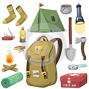 Hiking camping equipment base camp gear and accessories outdoor cartoon travel vector illustration.