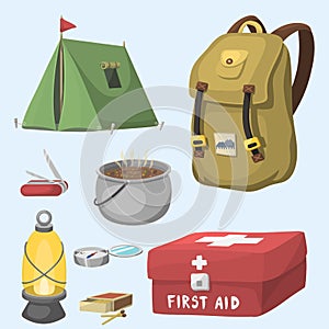 Hiking camping equipment base camp gear and accessories outdoor cartoon travel vector illustration.