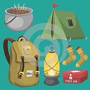 Hiking camping equipment base camp gear and accessories outdoor cartoon travel vector illustration.