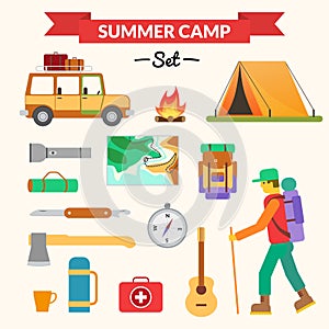 Hiking and camping equipment - icon set