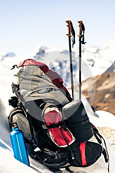 Hiking and camping equipment in mountains