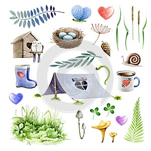 Hiking or camping in the forest elements watercolor illustration set. Summer outdoor travel hand drawn objects collection. Tent, b