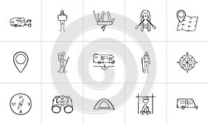 Hiking and camping hand drawn outline doodle icon set.