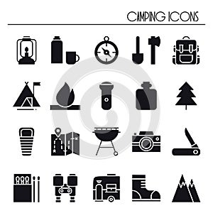 Hiking and Camping Icons Set. Outdoor Camp Sign and Symbol. Backpacking Adventure.