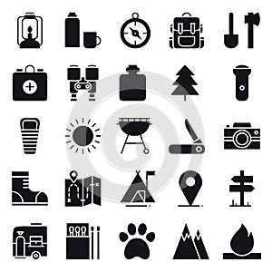 Hiking and Camping Icons Set. Outdoor Camp Sign and Symbol. Backpacking Adventure.