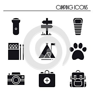 Hiking and Camping Icons Set. Outdoor Camp Sign and Symbol. Backpacking Adventure.