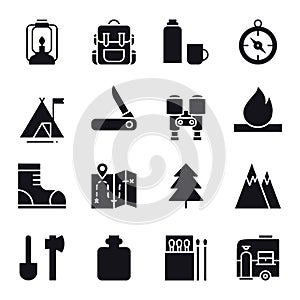 Hiking and Camping Icons Set. Outdoor Camp Sign and Symbol. Backpacking Adventure.