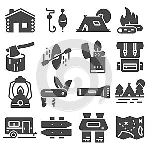 Hiking and Camping Icons Set. Vector