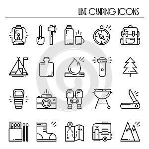 Hiking and Camping Line Icons Set. Outdoor Camp Sign and Symbol. Backpacking Adventure.