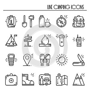 Hiking and Camping Line Icons Set. Outdoor Camp Sign and Symbol. Backpacking Adventure. photo