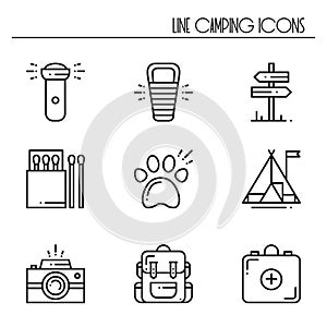 Hiking and Camping Line Icons Set. Outdoor Camp Sign and Symbol. Backpacking Adventure.