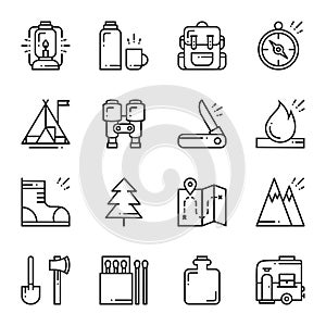 Hiking and Camping Line Icons Set. Outdoor Camp Sign and Symbol. Backpacking Adventure.