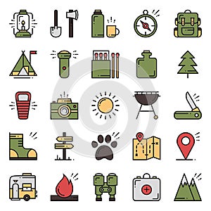 Hiking and Camping Line Icons Set. Outdoor Camp Sign and Symbol. Backpacking Adventure. Camping Stuff and Accessories.