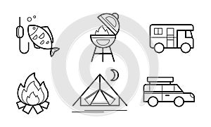 Hiking and camping linear icons set, eco tourism, outdoor activities symbols vector Illustration on a white background