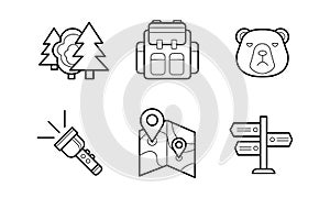 Hiking and camping linear icons set, eco tourism, summer outdoor activity symbols vector Illustration on a white