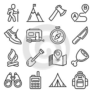 Hiking, Camping and Recreation Icons Set. Vector