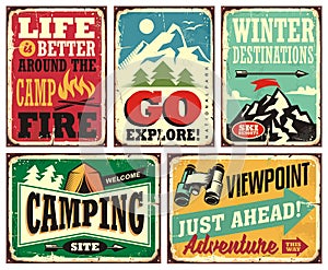 Hiking and camping retro signs collection photo