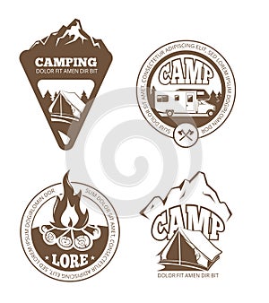 Hiking and camping retro vector labels, emblems, logos, badges