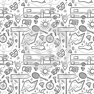 Hiking and camping seamless pattern with travel elements. Seamless pattern for design, posters, backgrounds Hiking