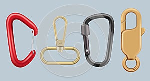 Hiking carabiner. Metal hook keys lock hardware vector realistic templates