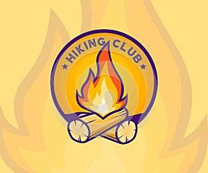 Hiking Club badge. Hiking club membership special sign with campfire, woods