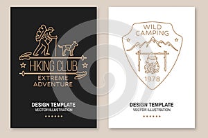 Hiking club Extreme adventure. Wild Camping. Vector. Set of Line art flyer, brochure, banner, poster with Camper tent